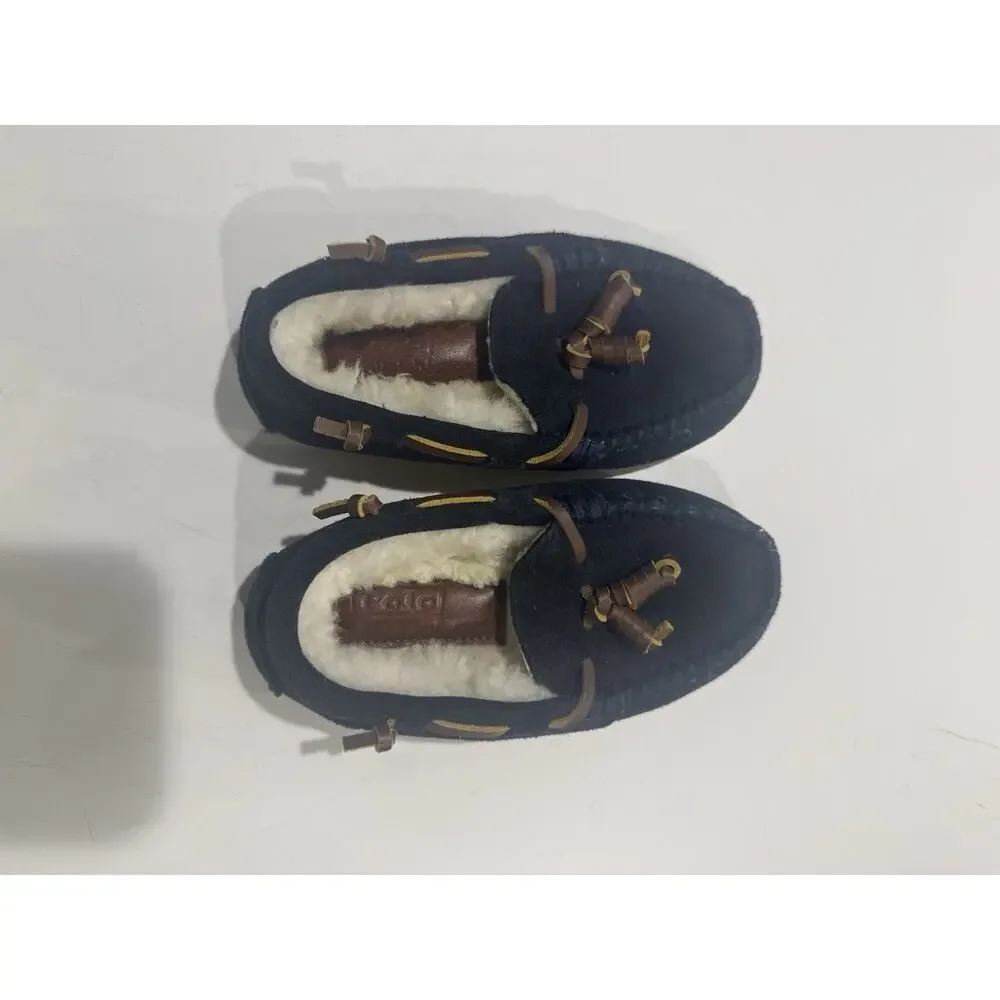 Polo Ralph Lauren Kids Boys Moccasin Slippers Shearling Navy Sz 10